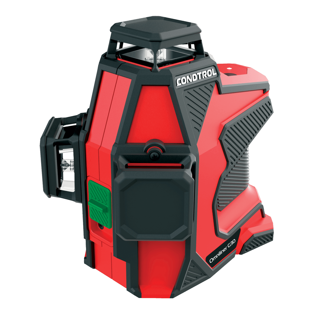 Omniliner G3D Green del marchio Condtrol. Livella con laser verde 4 volte più luminoso. Proietta 3 piani a 360° (2 verticali e 1 orizzontale) con qualsiasi inclinazione. Autolivellante (± 4°). Protezione IP 65 da acqua e polvere. Posizione dei moduli laser brevettata per incastrare la livella negli angoli. Perfetta per la posa di strutture in cartongesso. Doppia batteria ricaricabile agli ioni di litio. Bluetooth per il controllo in remoto tramite app gratuita Condtrol XLiner.
