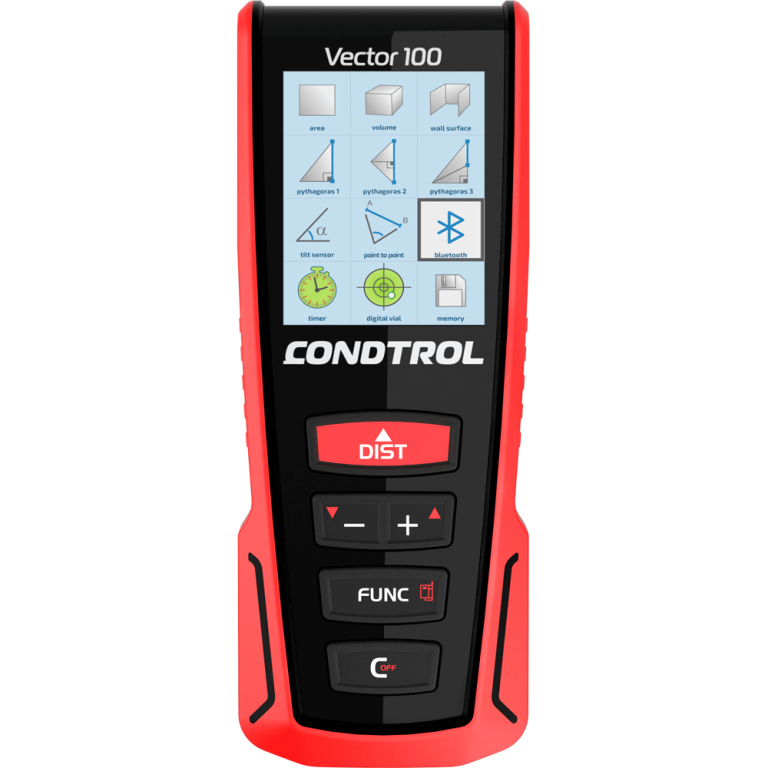 Vector 100 del marchio Condtrol. Misuratore con display LCD a colori e funzioni di calcolo avanzate tra cui sensore di inclinazione, tracciamento, accelerometro 3D con funzione Point-to-Point, timer per la programmazione della misurazione. Con livella digitale integrata. Bluetooth per il controllo in remoto tramite app gratuita Condtrol Smart Measure.