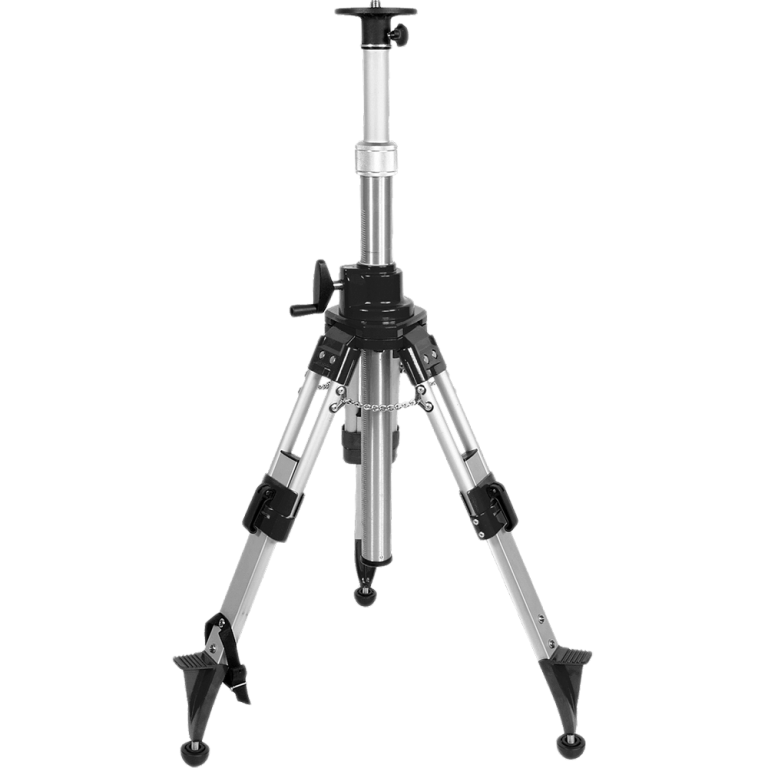 HD 170 del marchio Condtrol. Treppiede per livelle laser e laser rotativi con testa elevabile e piattaforma girevole. Scala di misurazione sull’asta, gambe telescopiche con catene di arresto e punte in metallo sulle gambe. Meccanismo pneumologie-meccanico integrato che accompagna in sicurezza la discesa dello strumento.